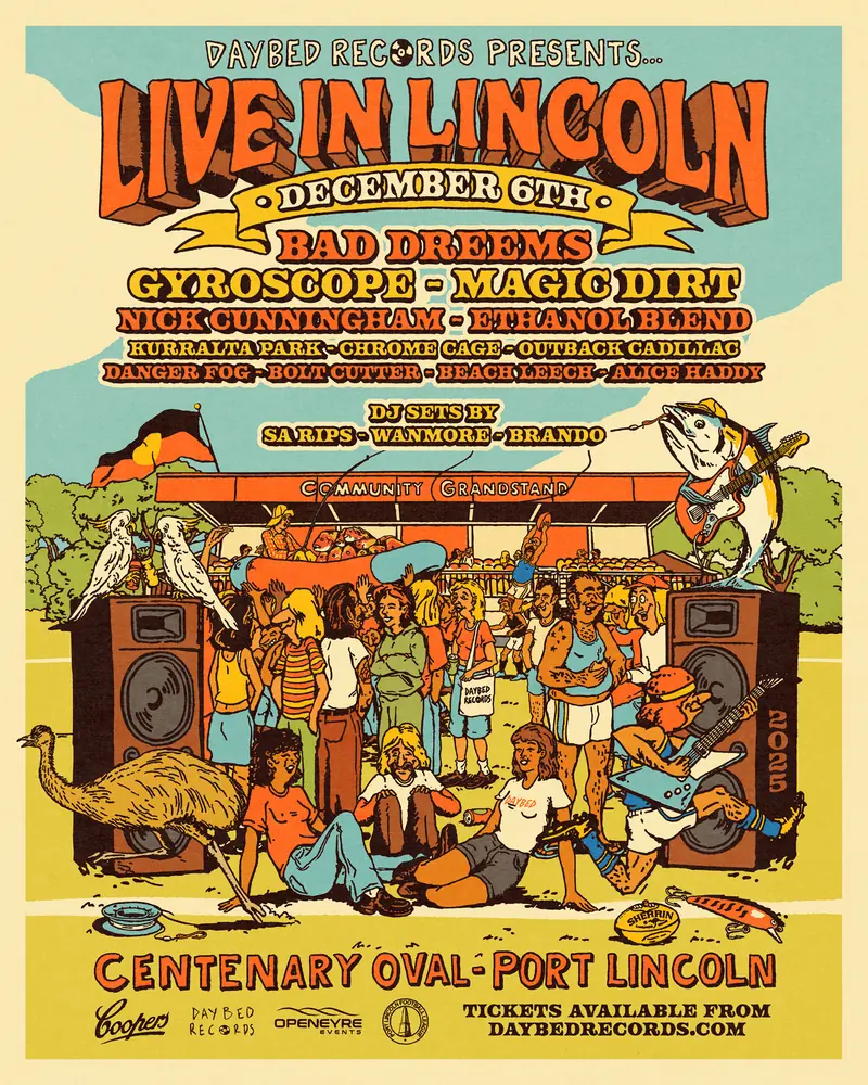 Live in Lincoln poster: Bad Dreems, Gyroscope, Magic Dirt and more, 6 December, Centenary Oval, Port Lincoln