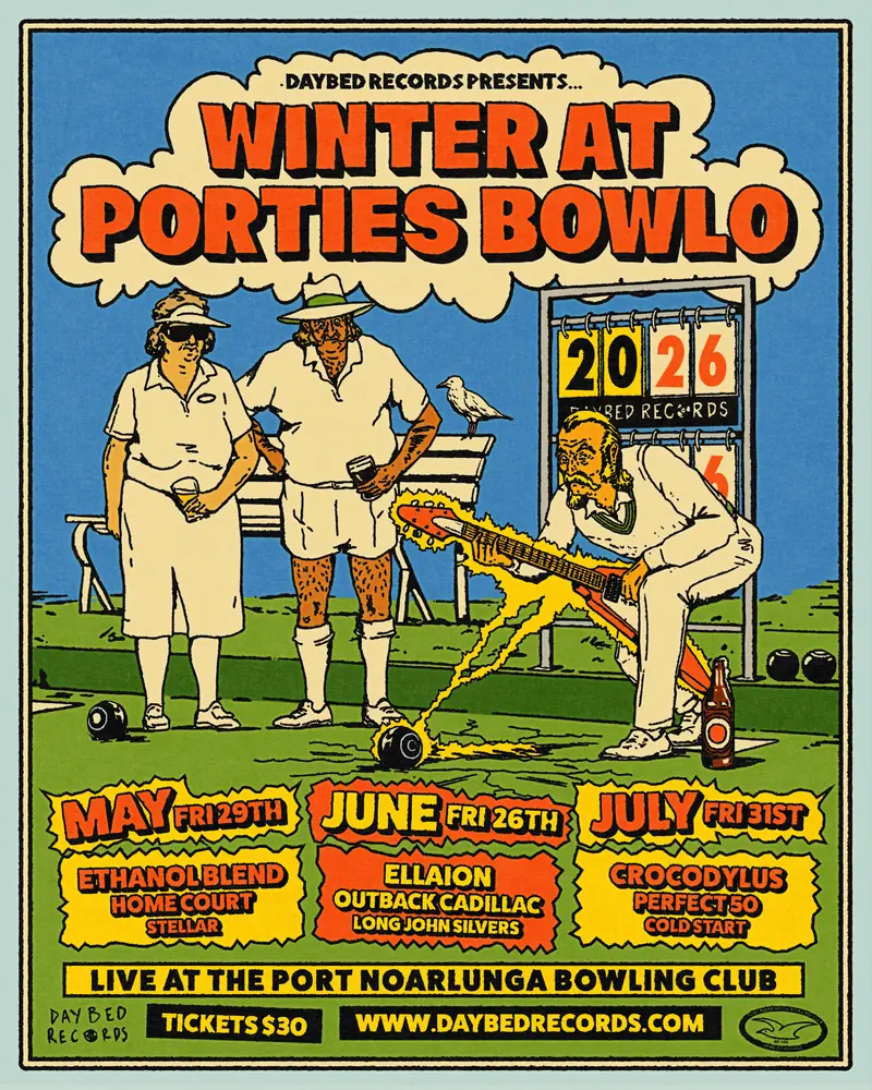 Winter at Porties Bowlo 2026 poster: May, June and July shows at the Port Noarlunga Bowling Club