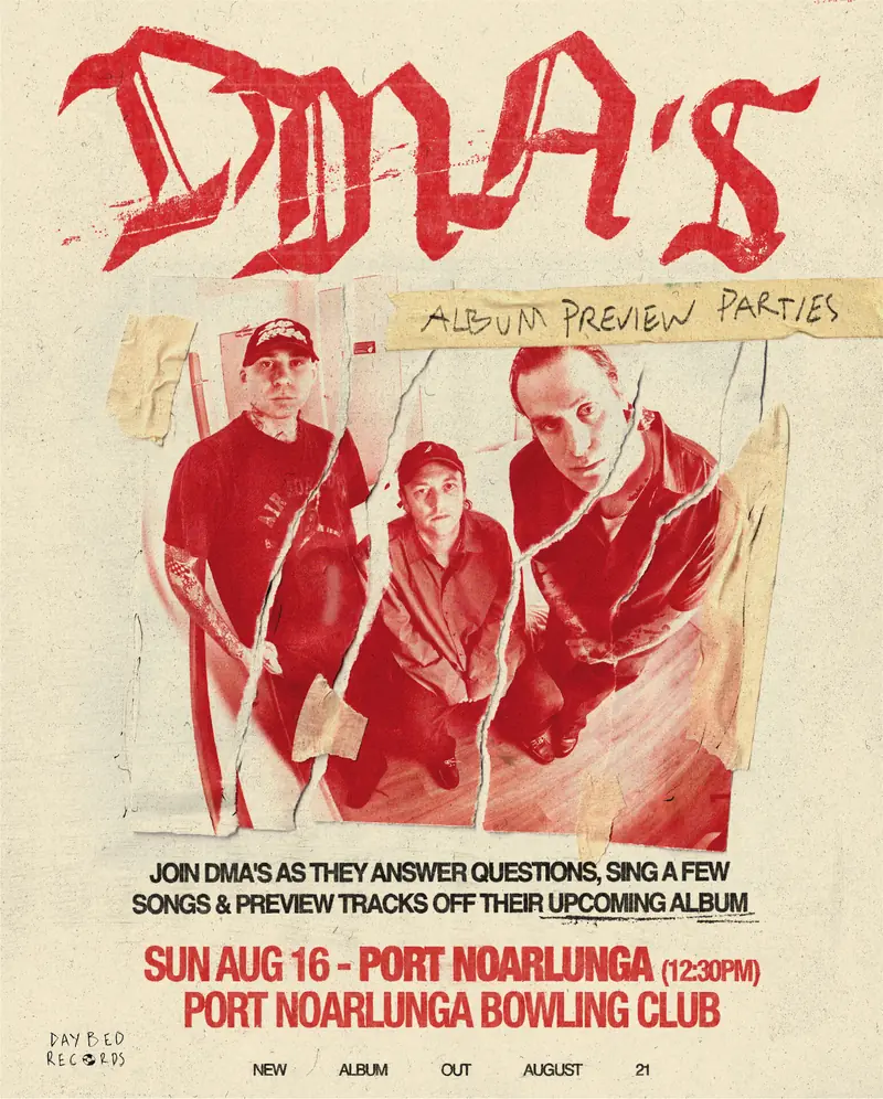 DMA'S album preview party poster, Sunday 16 August, Port Noarlunga Bowling Club